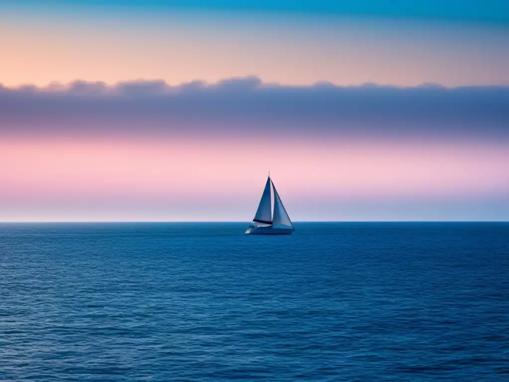 Tranquilidad en el océano al atardecer: paisaje minimalista Un paisaje marino sereno al atardecer, con tonos azules profundos y un velero solitario en la distancia
