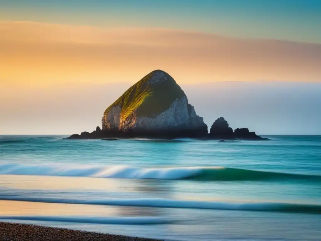 Un paisaje marino sereno al atardecer, con una composición minimalista y una formación rocosa solitaria en el mar tranquilo