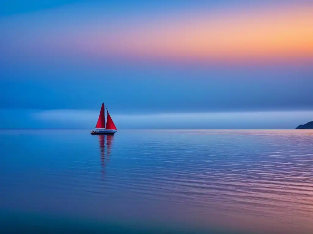 Un paisaje marino sereno al atardecer con un velero solitario en aguas tranquilas