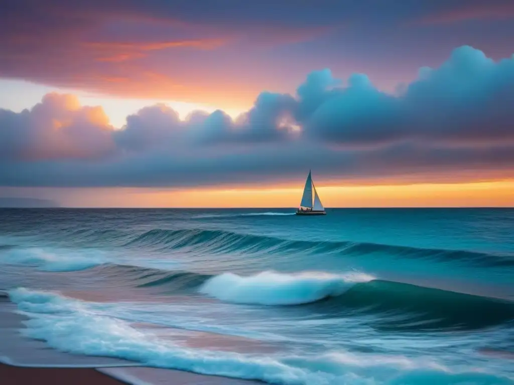 Un paisaje marino sereno al atardecer con un velero solitario, reflejando los beneficios de la talasoterapia en cruceros