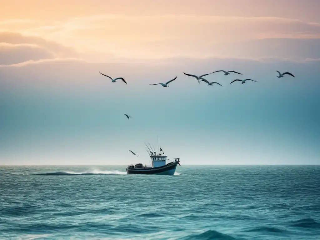 Paisaje marino sereno con barco de pesca y gaviotas