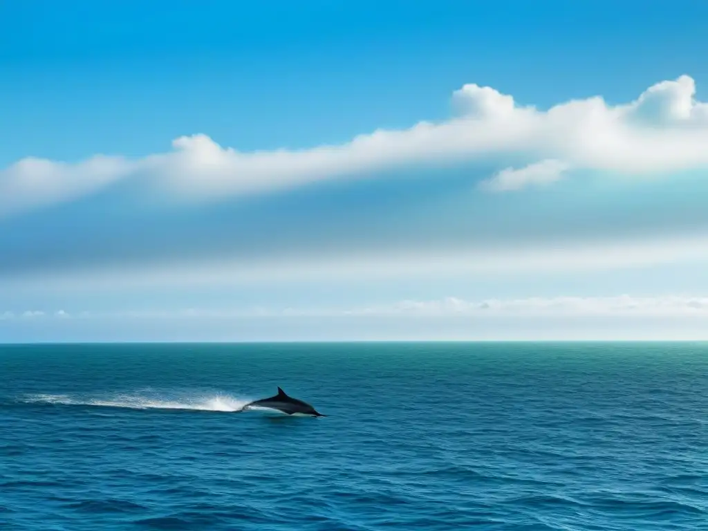 Un paisaje marino sereno con un velero minimalista y delfines jugando en el agua