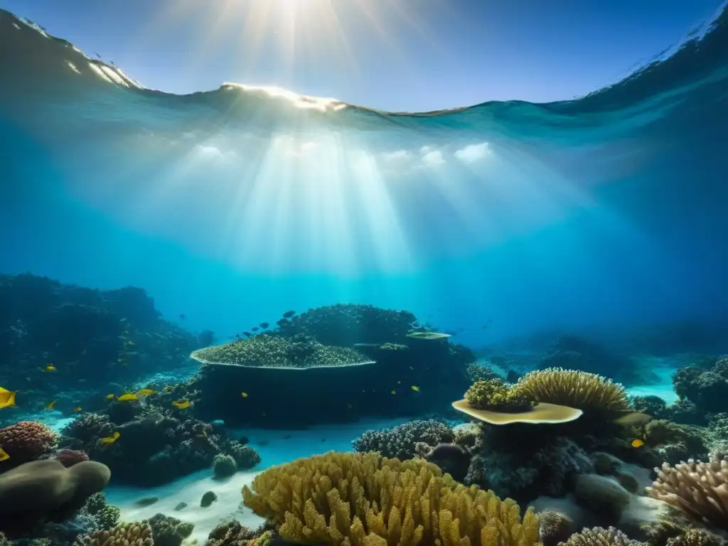 Un paisaje marino submarino impresionante con arrecifes de coral coloridos, peces y un volcán submarino, creando un juego de luces y sombras