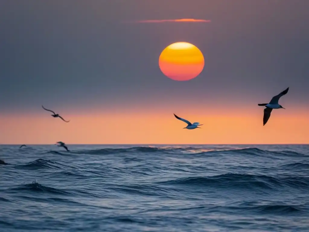 Paisaje marino tranquilo al atardecer con aves volando, transmitiendo paz y belleza natural