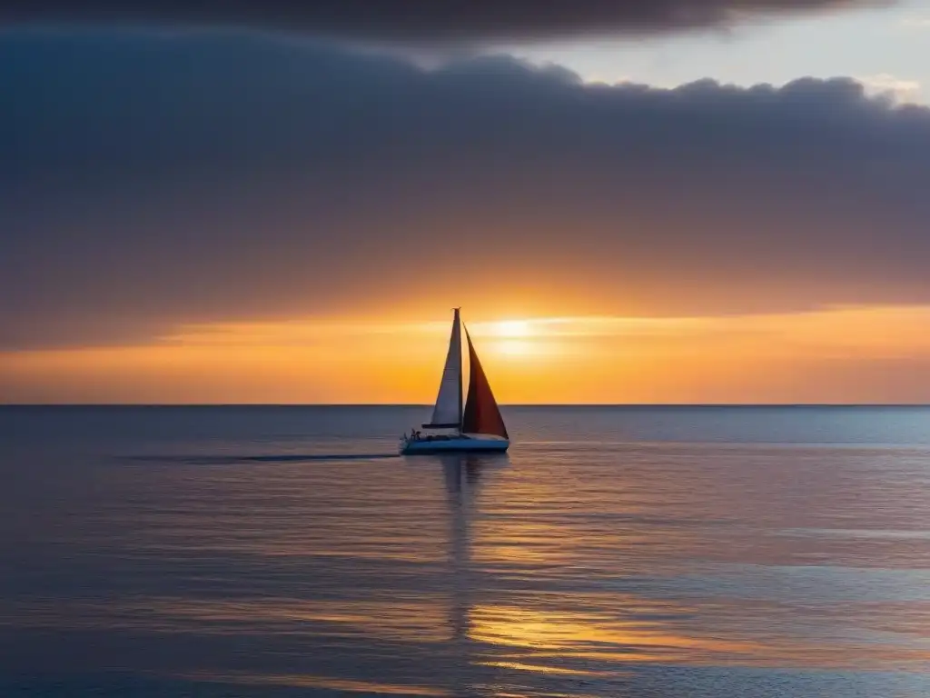 Un paisaje marítimo sereno al atardecer con un velero, destacando la conservación naval ética y el turismo marítimo