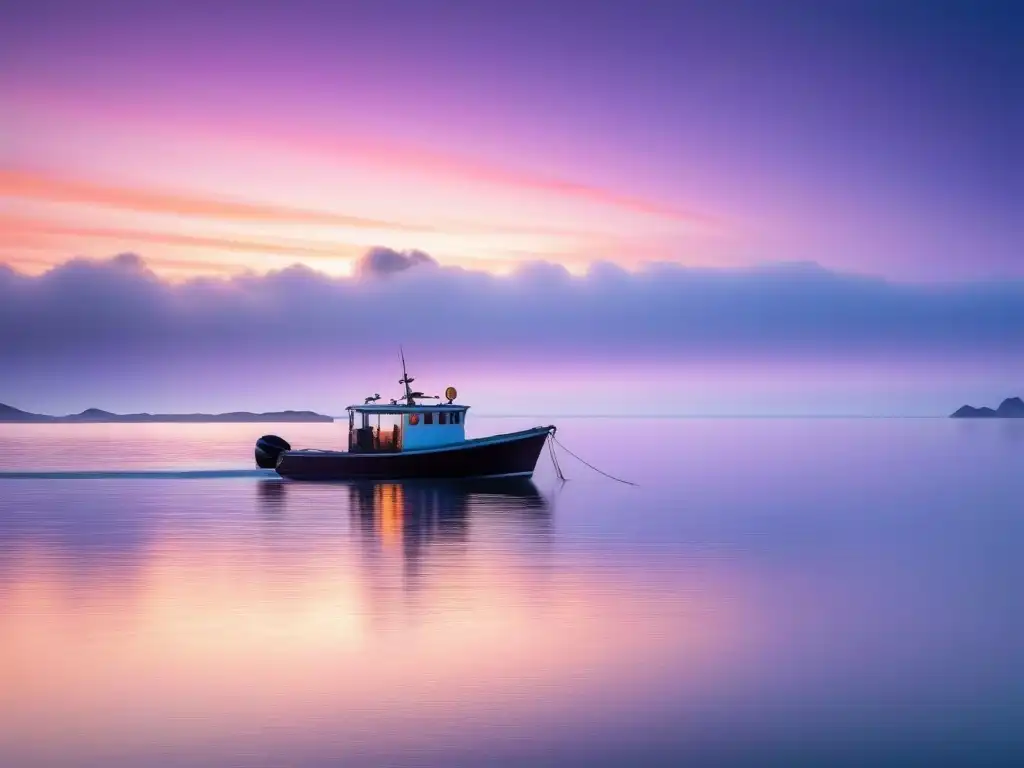 Paisaje marítimo sereno al amanecer con un barco pesquero a lo lejos, reflejos del sol naciente y cielo en tonos pastel