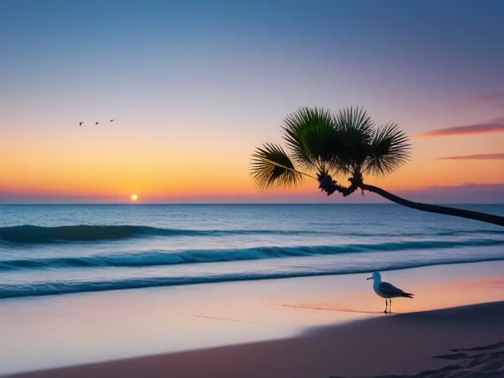 Paisaje playero al atardecer con palmera, gaviotas y olas tranquilas