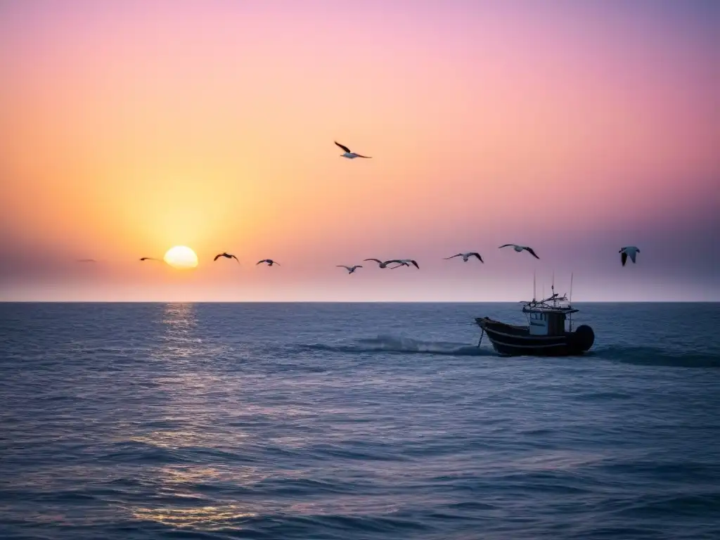 Paisaje sereno con un amanecer impresionante sobre el mar, un bote de pesca y gaviotas