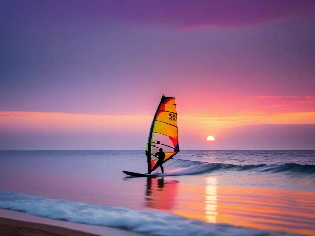 Paisaje sereno de un atardecer vibrante en una playa tranquila, con un windsurfista surcando el agua al atardecer