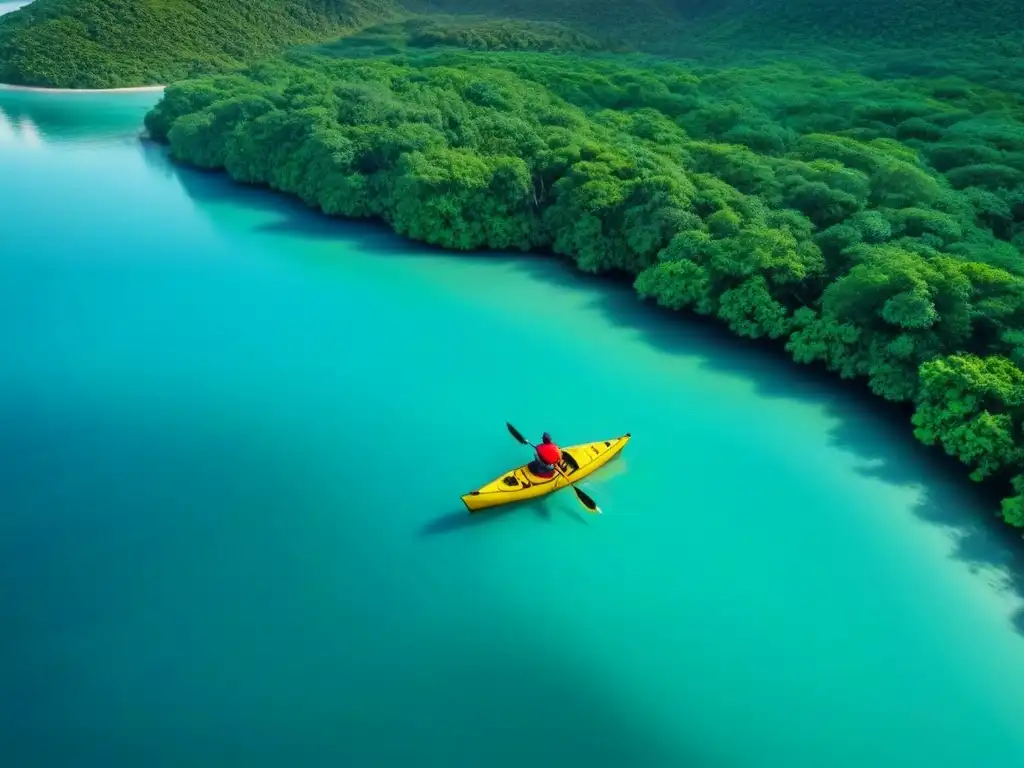 Un paisaje sereno con una bahía turquesa, kayak solitario y atardecer dorado