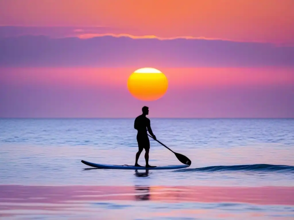 Paisaje sereno de paddle surf en cruceros, con atardecer vibrante sobre aguas tranquilas y reflejo sutil