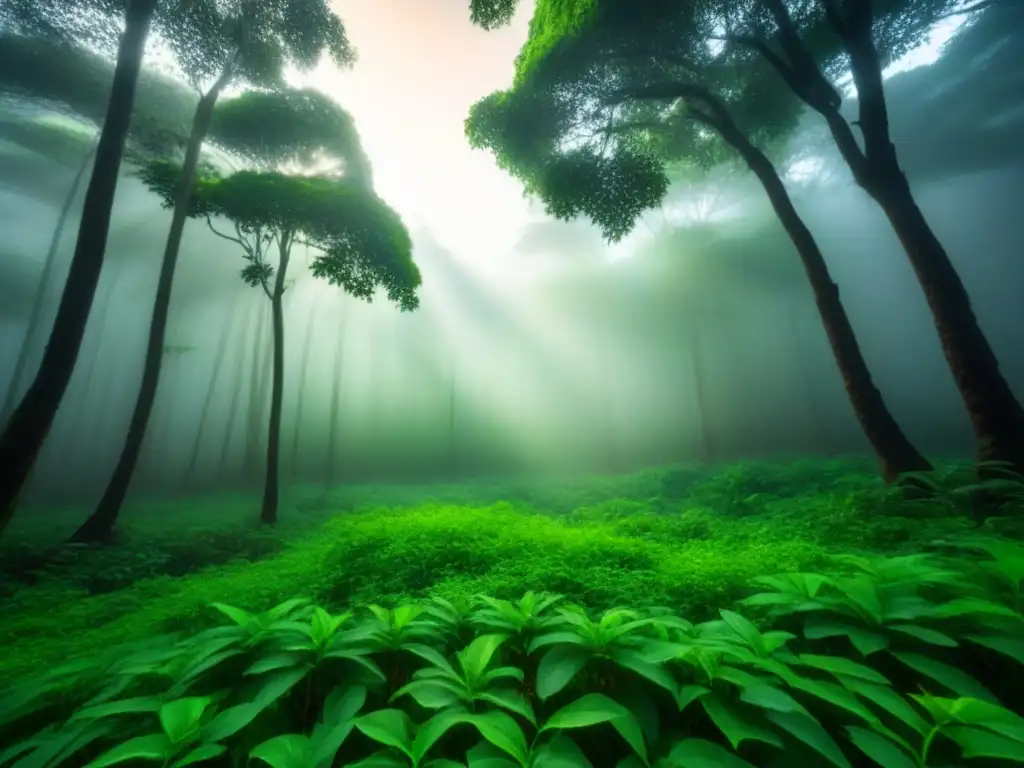 Un paisaje sereno de la exuberante selva con rayos de sol filtrándose entre las hojas, ideal para excursiones ecológicas en crucero