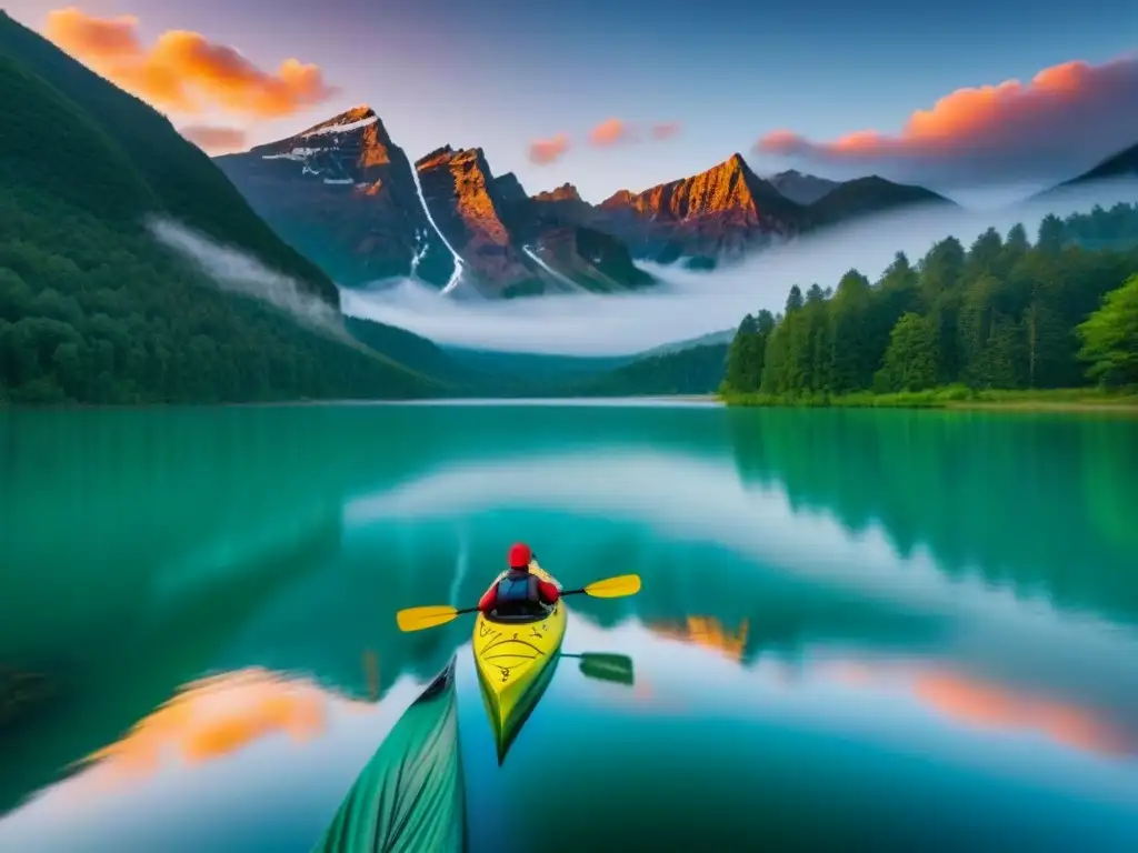 Paisaje sereno de un lago al atardecer con un kayak flotando, rodeado de naturaleza exuberante y montañas distantes