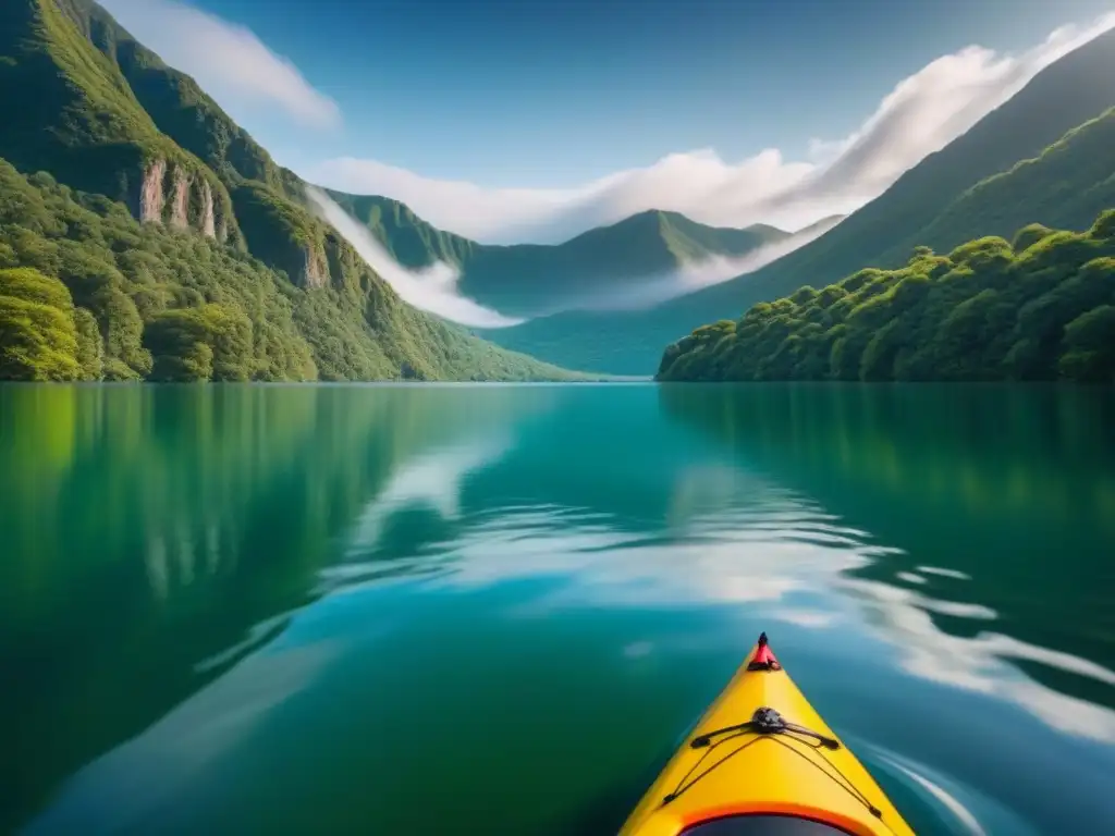 Paisaje sereno con lago cristalino, montañas verdes y kayak