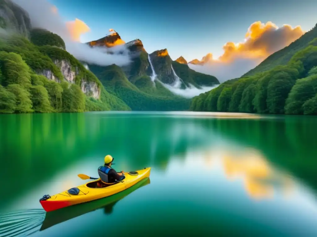 Un paisaje sereno de un lago cristalino rodeado de exuberantes bosques verdes, con un solo kayak flotando en paz