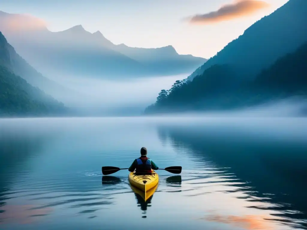 Paisaje sereno de lago al amanecer con kayakista en solitario, rodeado de montañas neblinosas