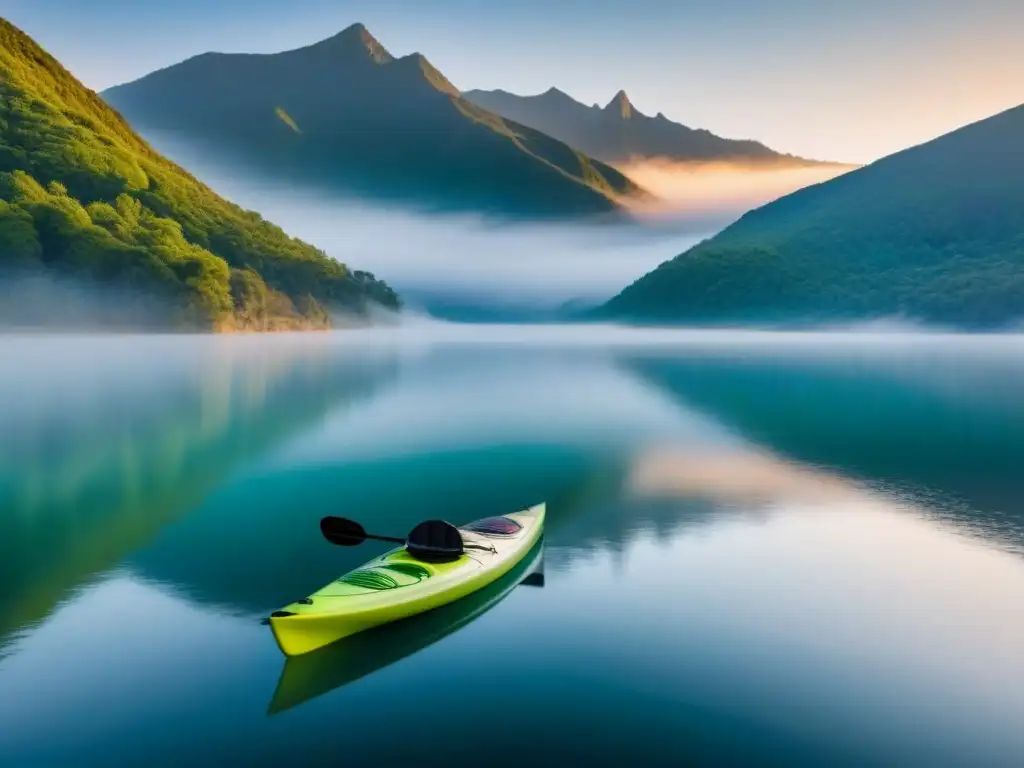 Paisaje sereno de un lago al amanecer con kayak y paddleboard, rodeado de montañas neblinosas