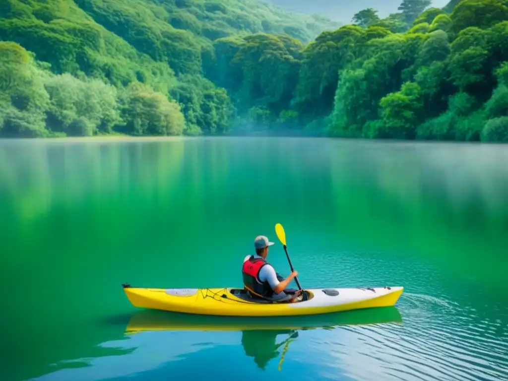 Un paisaje sereno de un lago rodeado de exuberante vegetación, con un kayak y paddleboard flotando en el agua calmada