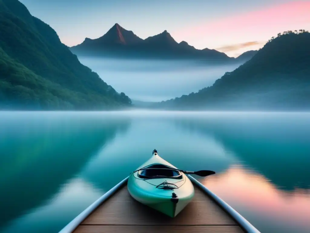 Paisaje sereno de un lago al amanecer con kayak y paddleboard flotando, rodeados de montañas brumosas