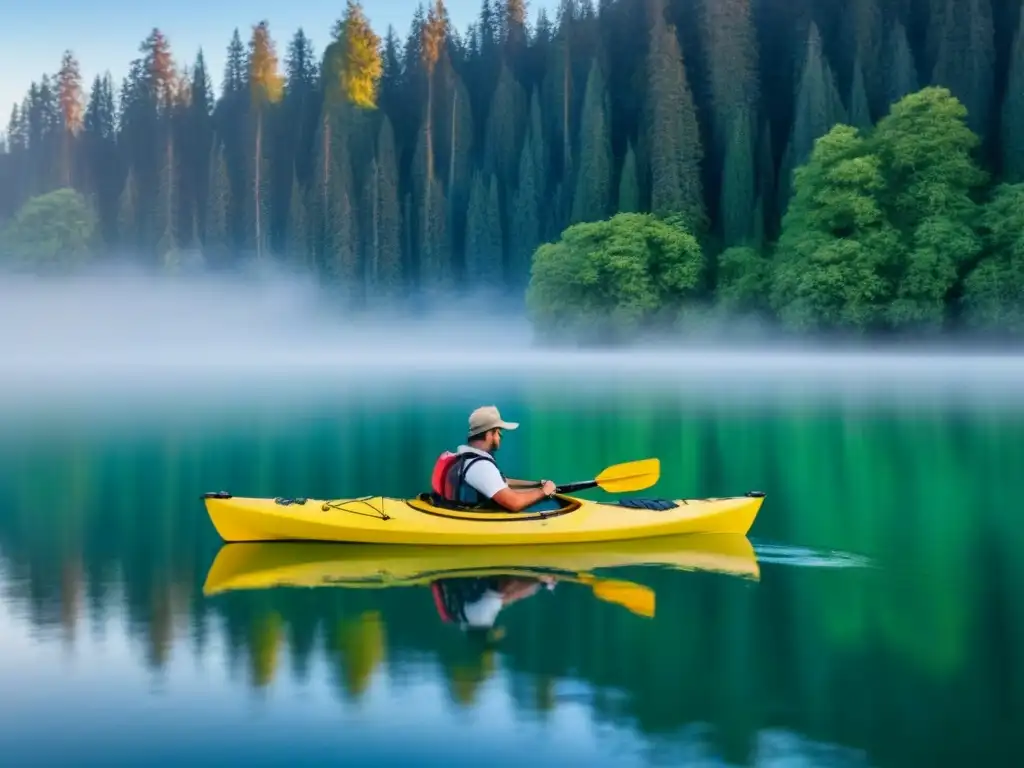 Paisaje sereno en un lago con kayak, reflejos verdes en el agua tranquila al atardecer