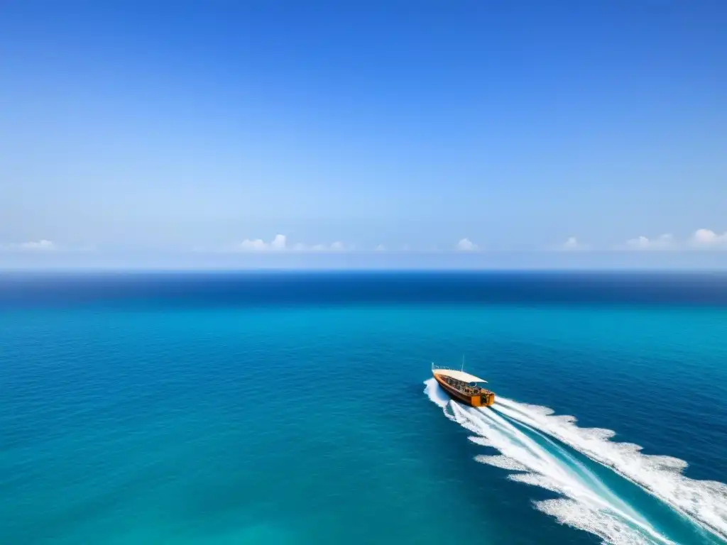 Un paisaje sereno y minimalista de un océano turquesa, con un barco ecológico navegando