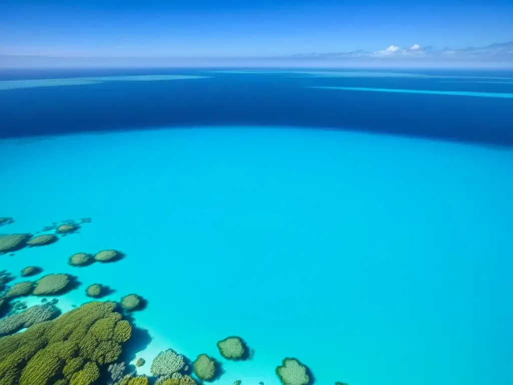 Un paisaje sereno y minimalista de un océano turquesa prístino que se extiende infinitamente bajo un cielo azul claro