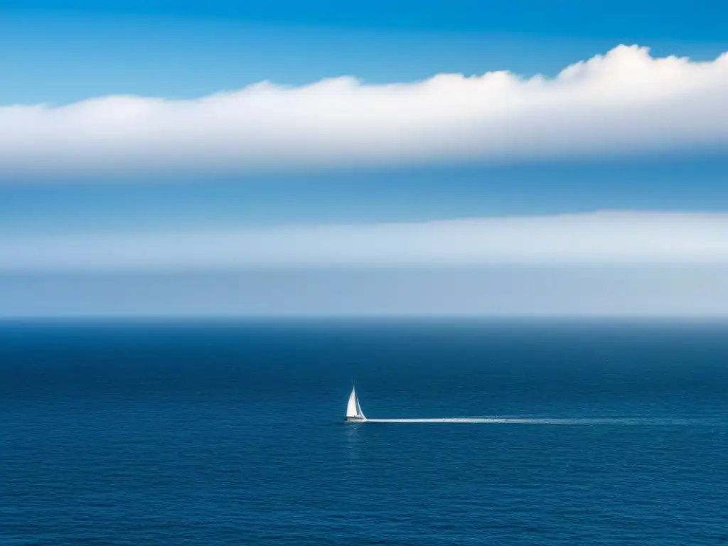 Un paisaje sereno y minimalista del vasto océano con un pequeño velero a lo lejos, simbolizando la ruta de crecimiento en turismo marítimo