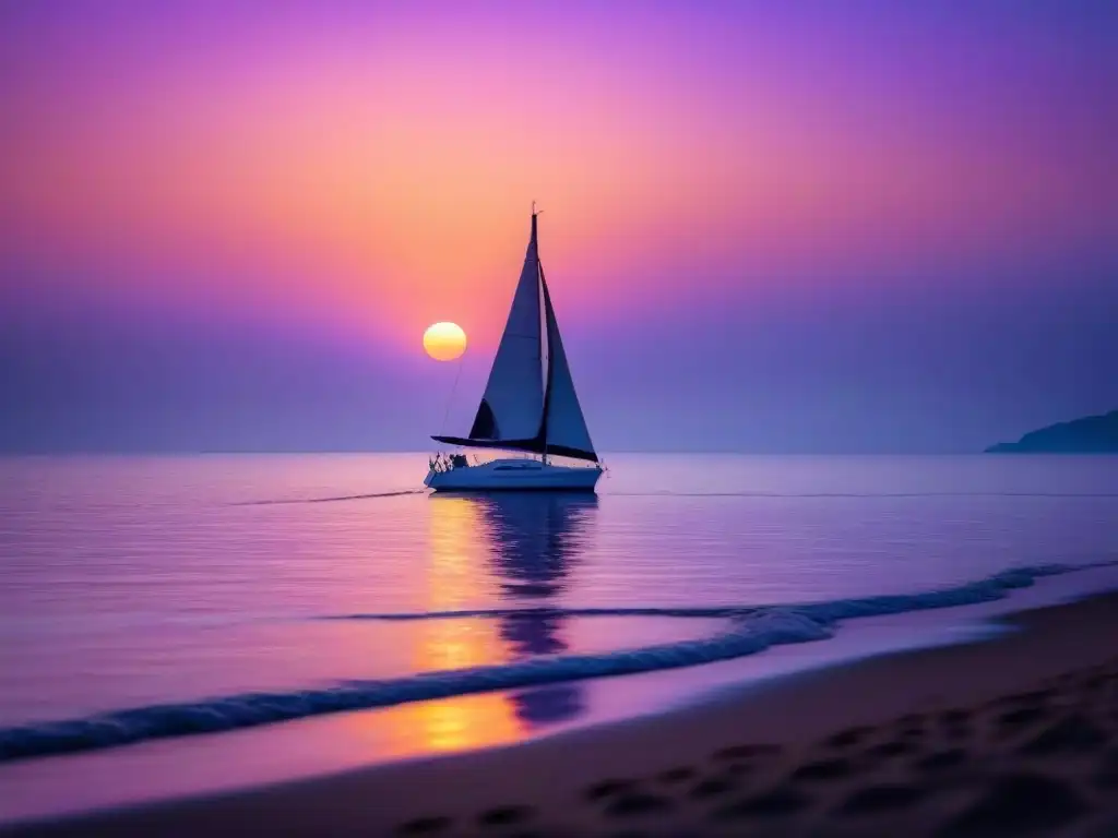 Un paisaje sereno de un océano al atardecer, reflejando los cálidos colores del sol poniente