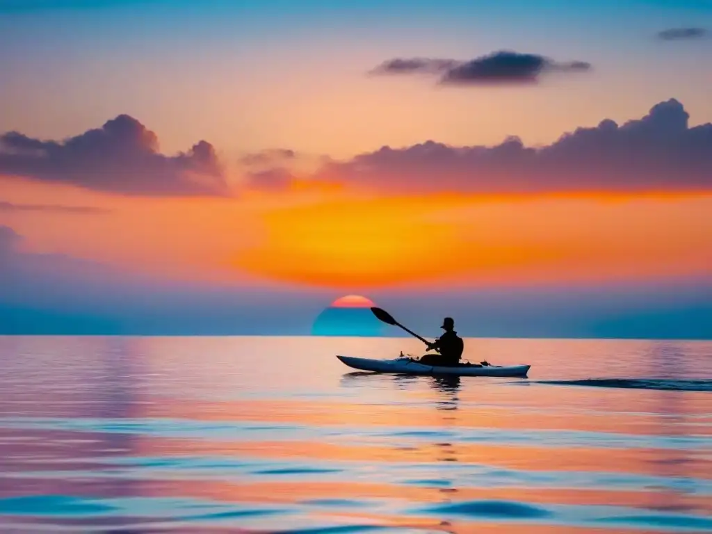 Un paisaje sereno de un océano tranquilo reflejando un vibrante atardecer, con kayak y paddleboard en arrecifes, juguetones delfines de fondo