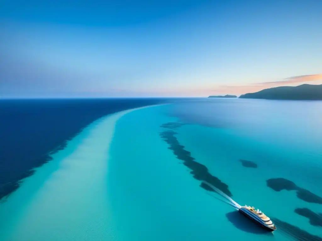 Un paisaje sereno de playa con aguas turquesas, un crucero ecológico en el horizonte al atardecer