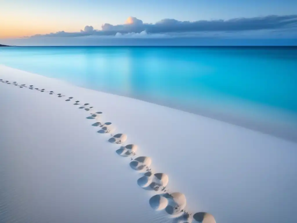 Un paisaje sereno con una playa de arena blanca, aguas turquesas, huellas en la arena y una figura lejana con mascarilla