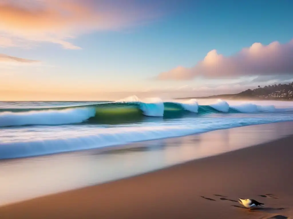 Paisaje sereno de playa al amanecer con tabla de surf en la arena y gaviotas, ideal para aplicaciones móviles para surfistas