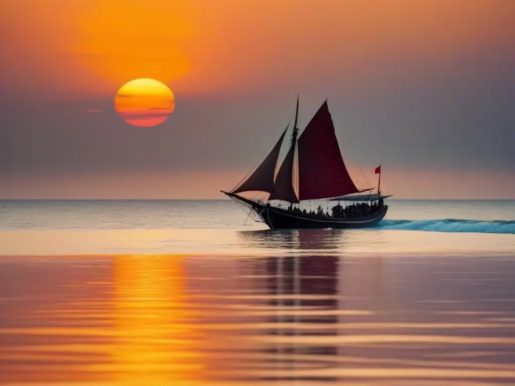 Un paisaje sereno de una puesta de sol en el mar con un barco tradicional chino navegando, simbolizando la Ruta de la Seda Marítima