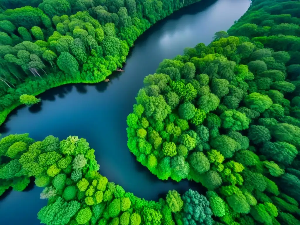 Un paisaje sereno de selva verde con un río serpenteante, luz filtrándose entre las hojas