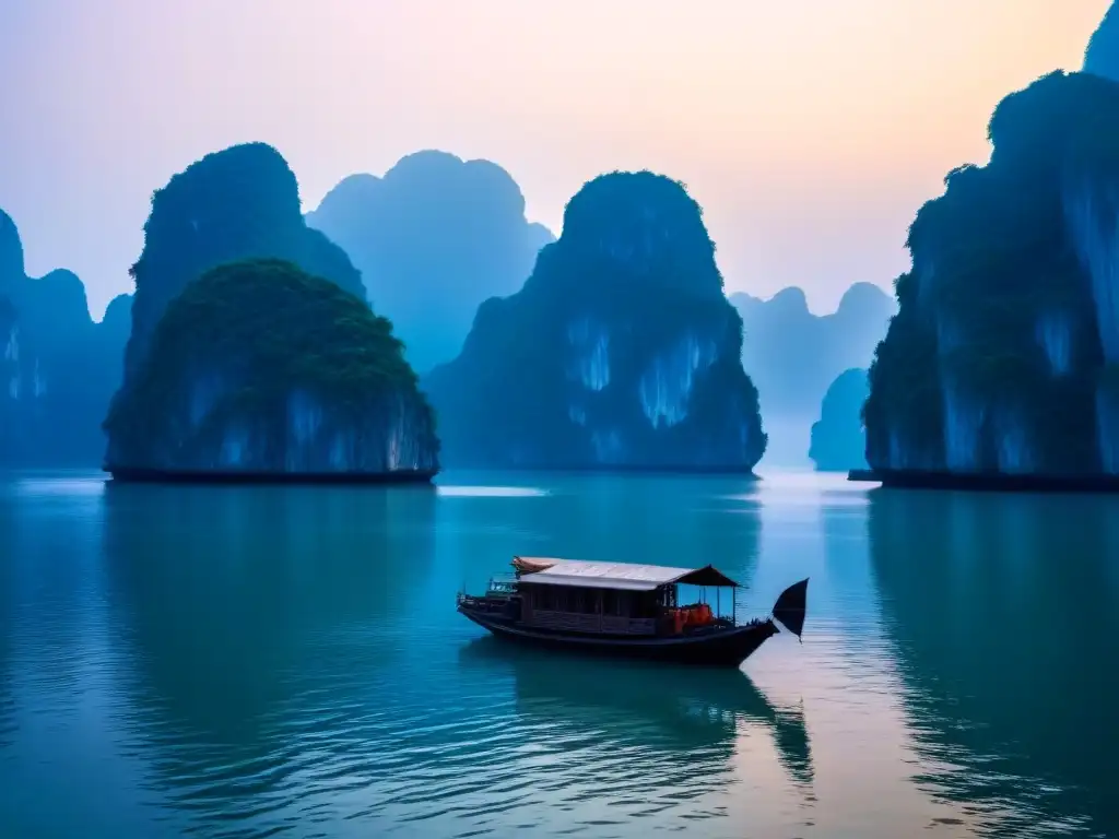 Paisaje sereno al amanecer en la tranquila bahía de Ha Long en Vietnam, con icónicas formaciones de piedra caliza