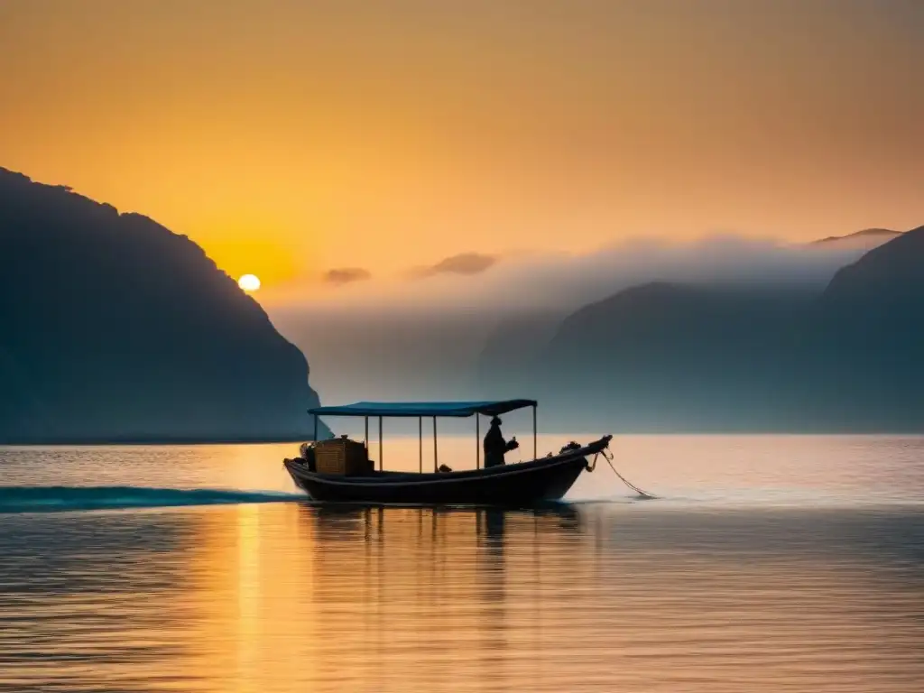 Paisaje marítimo sostenible: barca pesquera tradicional en aguas tranquilas al amanecer, reflejando la cultura local