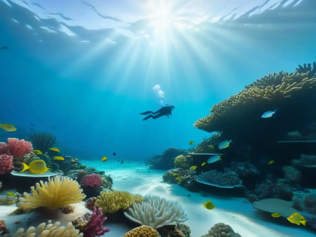 Un paisaje submarino sereno con arrecifes de coral vibrantes y peces coloridos