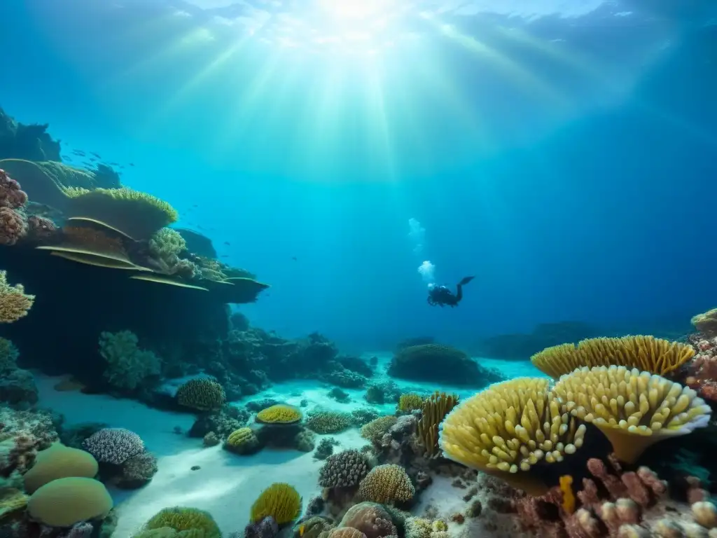 Un paisaje submarino en un sitio marino de la UNESCO, resaltando la conservación marina en vibrantes arrecifes de coral y peces coloridos