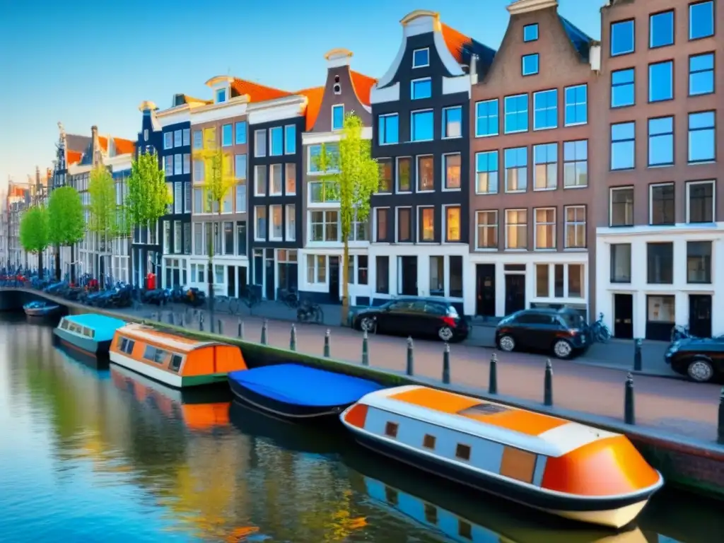 Paisaje tranquilo de un canal en Ámsterdam con casas tradicionales holandesas y barcos bajo un cielo azul claro