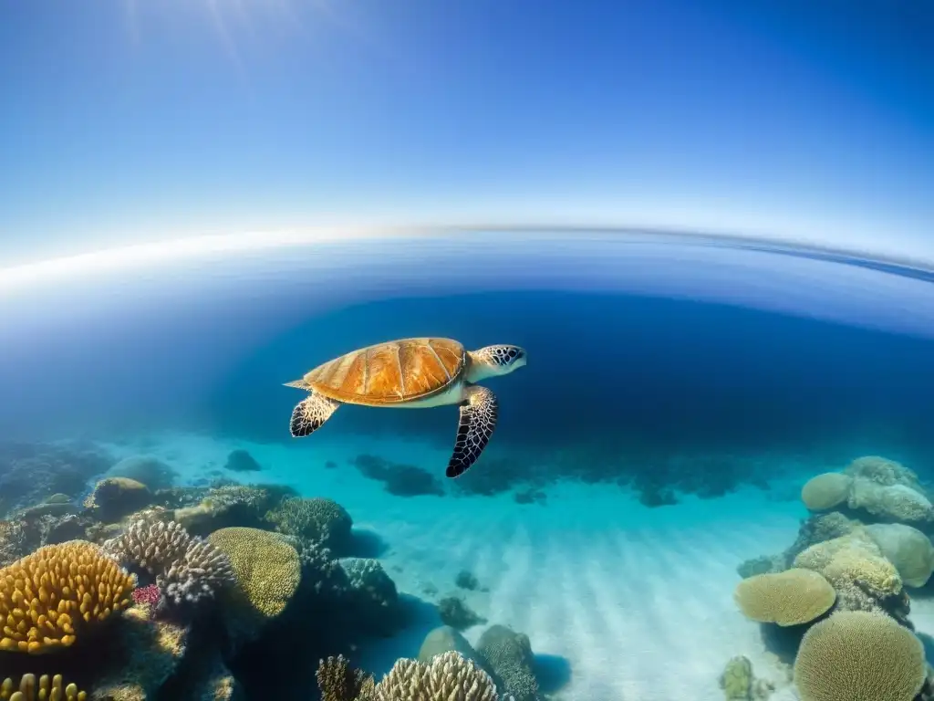 Un paisaje de un vasto océano cristalino con arrecifes de coral coloridos, peces y una tortuga marina en la Reserva de la Biosfera Marítima