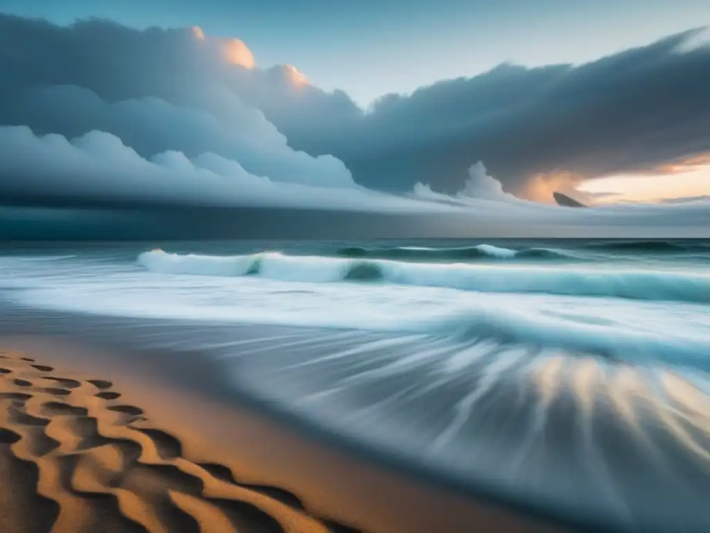 Fotografía de paisajes marinos: Mar tranquilo, olas suaves en la playa de arena bajo un cielo dramático