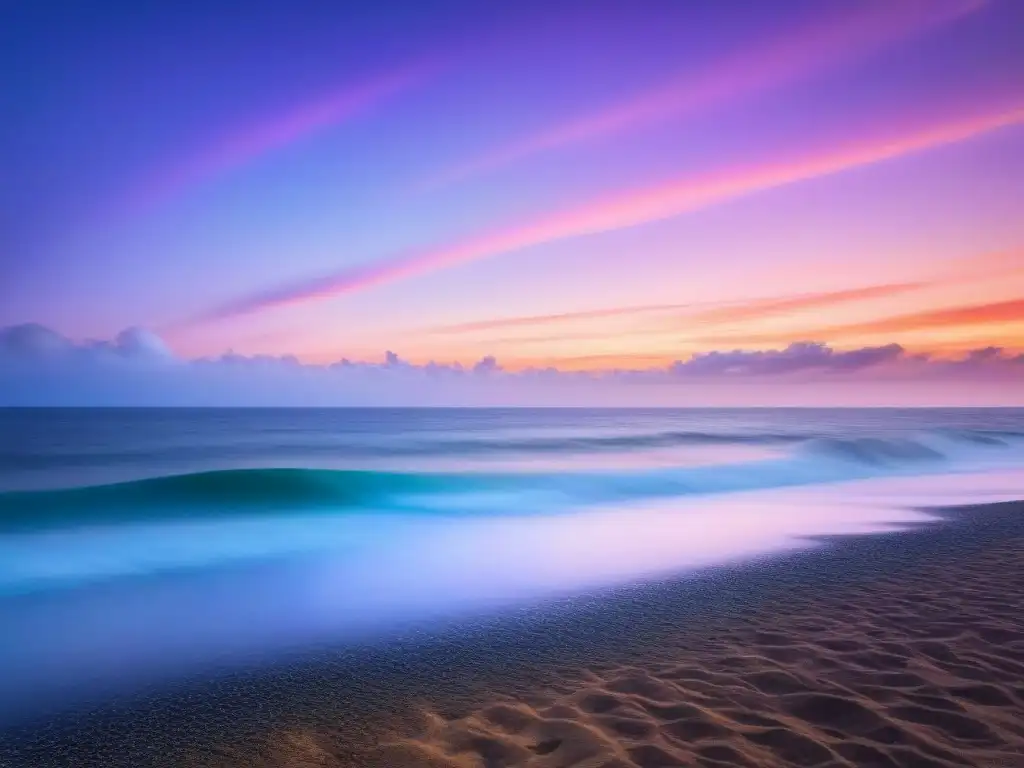 Una fotografía de paisajes marinos minimalista, con un horizonte oceánico sereno al atardecer y tonos pastel en el cielo