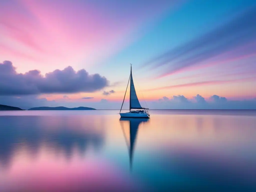 Fotografía de paisajes marinos: Tranquilo atardecer en el mar con velero solitario en el horizonte, cielo pastel y nubes rosadas y doradas