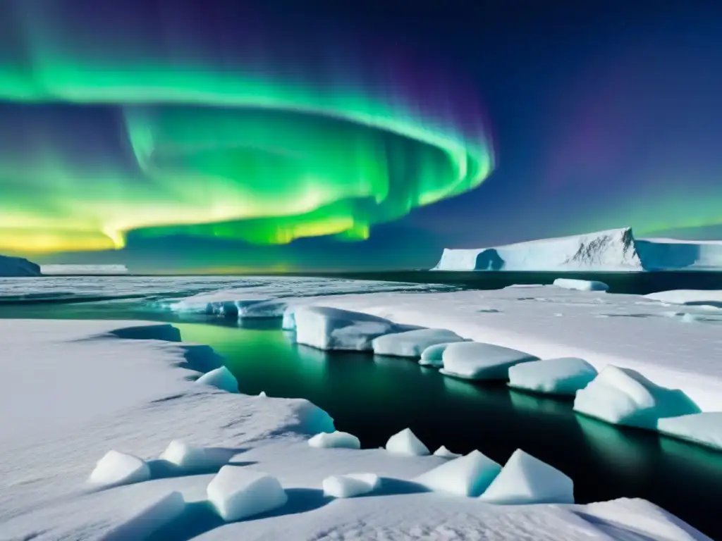 Fotografiando paisajes polares marinos: Paisaje ártico con icebergs bajo la aurora boreal