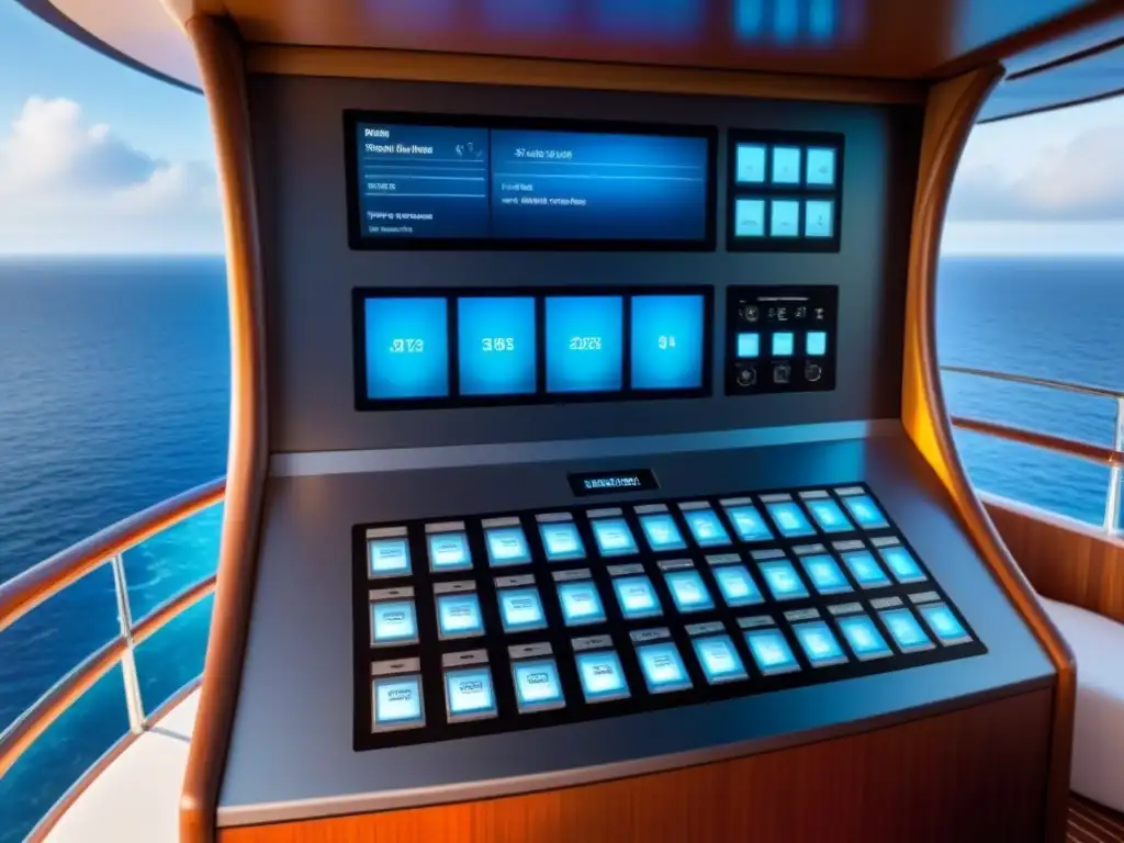 Panel de control de audio en crucero de lujo con diseño futurista y vistas al mar