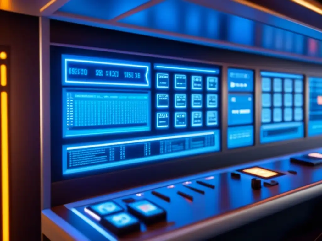 Panel de control futurista de crucero con códigos cifrados, iluminado en azul
