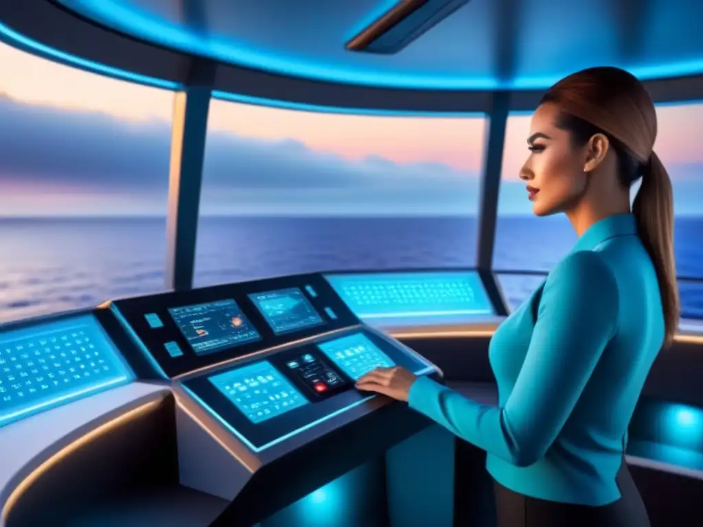 Panel de control futurista en un crucero, con tecnologías innovadoras y vista al mar