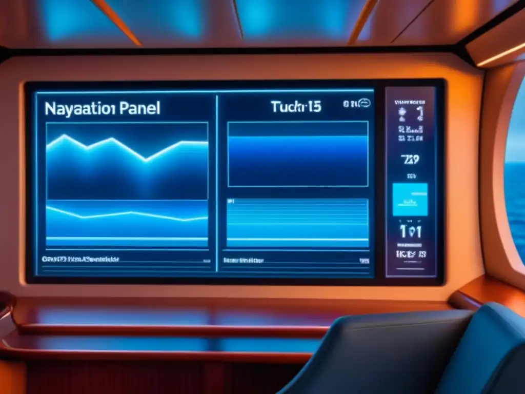 Panel de control de navegación futurista en un crucero de última generación con tecnología avanzada y pantallas digitales, iluminado con luz suave