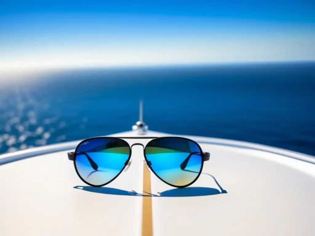 Un par de elegantes gafas de sol para cruceros sobre la cubierta de un yate blanco, frente al mar azul brillante y el sol radiante