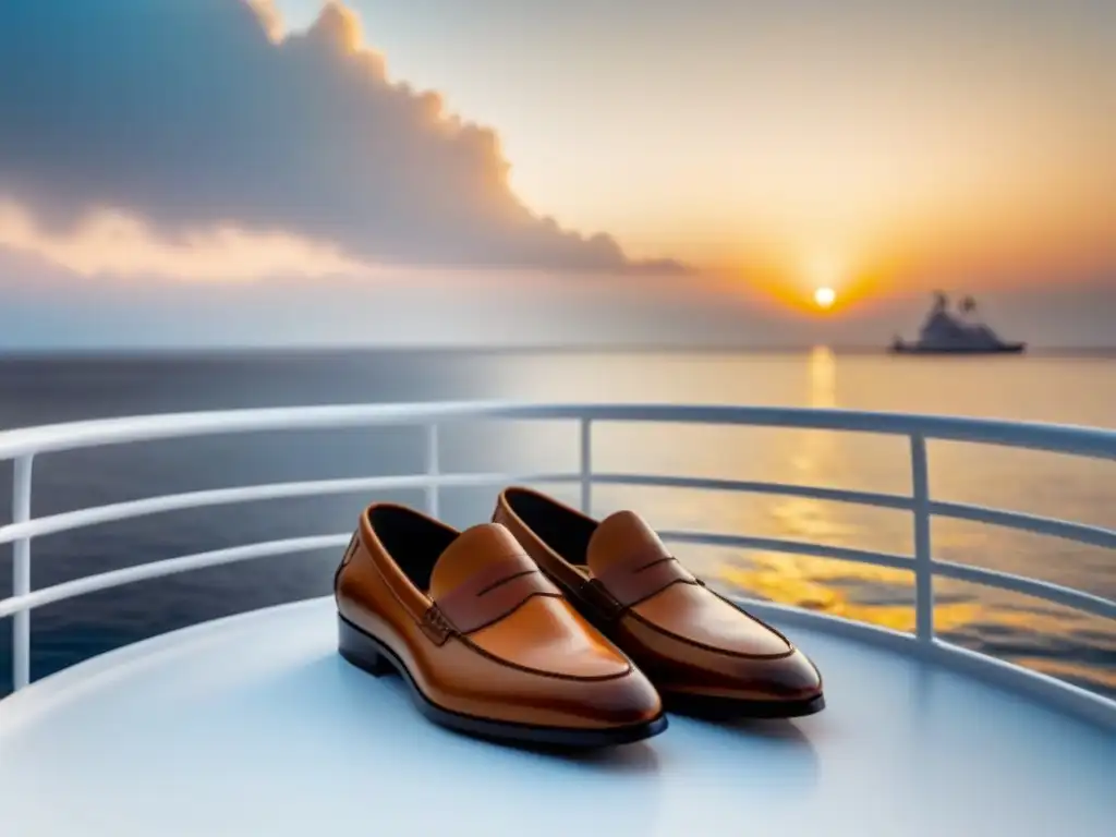 Par de elegantes mocasines de cuero en cubierta de yate al atardecer dorado, los mejores zapatos para cruceros